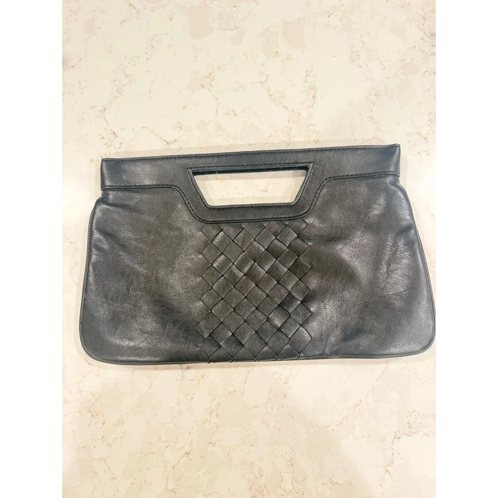 New York‎ & Company Black Woven Faux Leather Cutout Handle Clutch Bag
